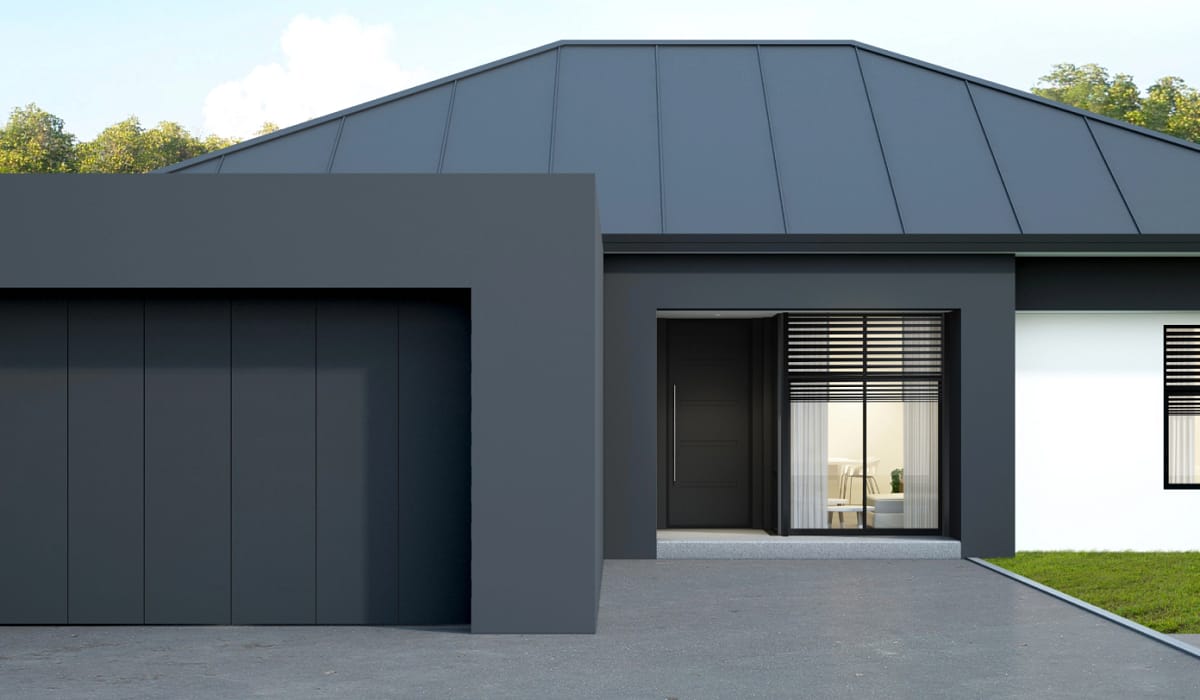 Maison en entière design moderne noir et blanche avec une porte de garage sectionnelle latérale