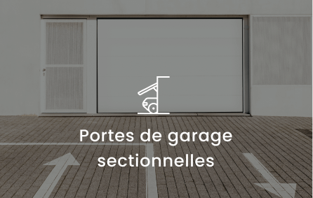 Vignette porte de garage avec écriture blanches par dessus "portes de garage sectionnelles"